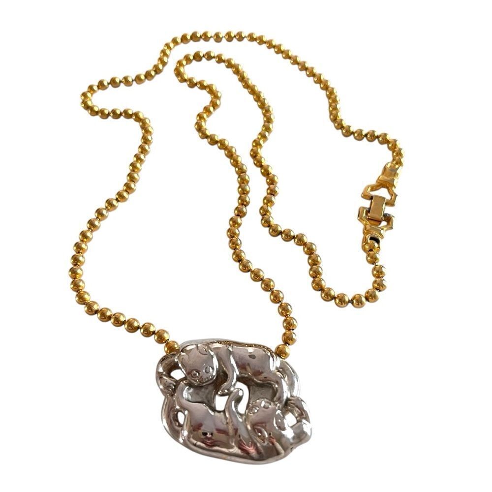 Anne Klein Vintage Two Tone Ball Chain Lion Pendant Necklace